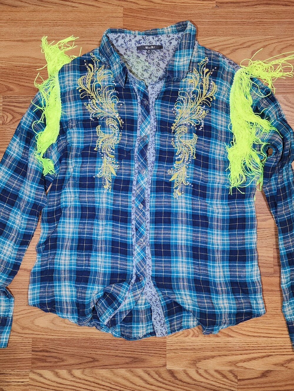 Miss Me Womens M Upcycled Western Shirt Added Fringe Embellished Y2K Boho